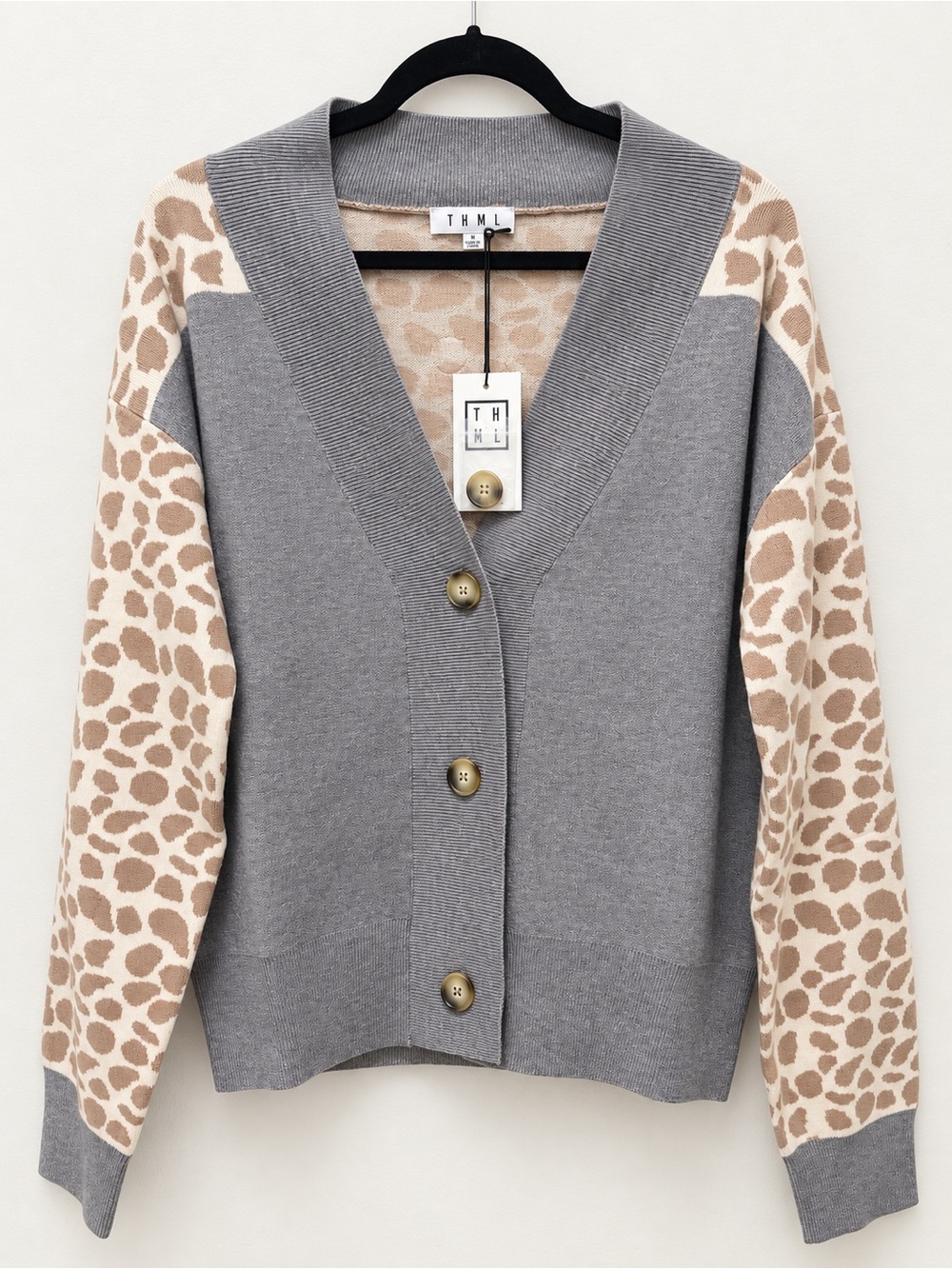 THML Gray Cardigan with Beige Leopard-Print Sleeves